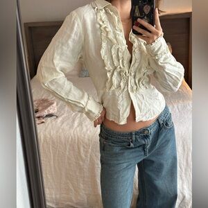 Vintage Cottagecore DKNY Runway Linen Ruffle Runway Button Blouse